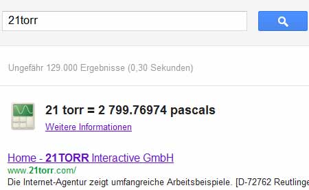 21 torr in Pascal (Google-Screenshot)