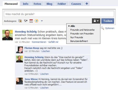 Facebook-Statusmeldungen privat bzw. nur für einzelne Listen sichtbar machen (Screenshot 1)
